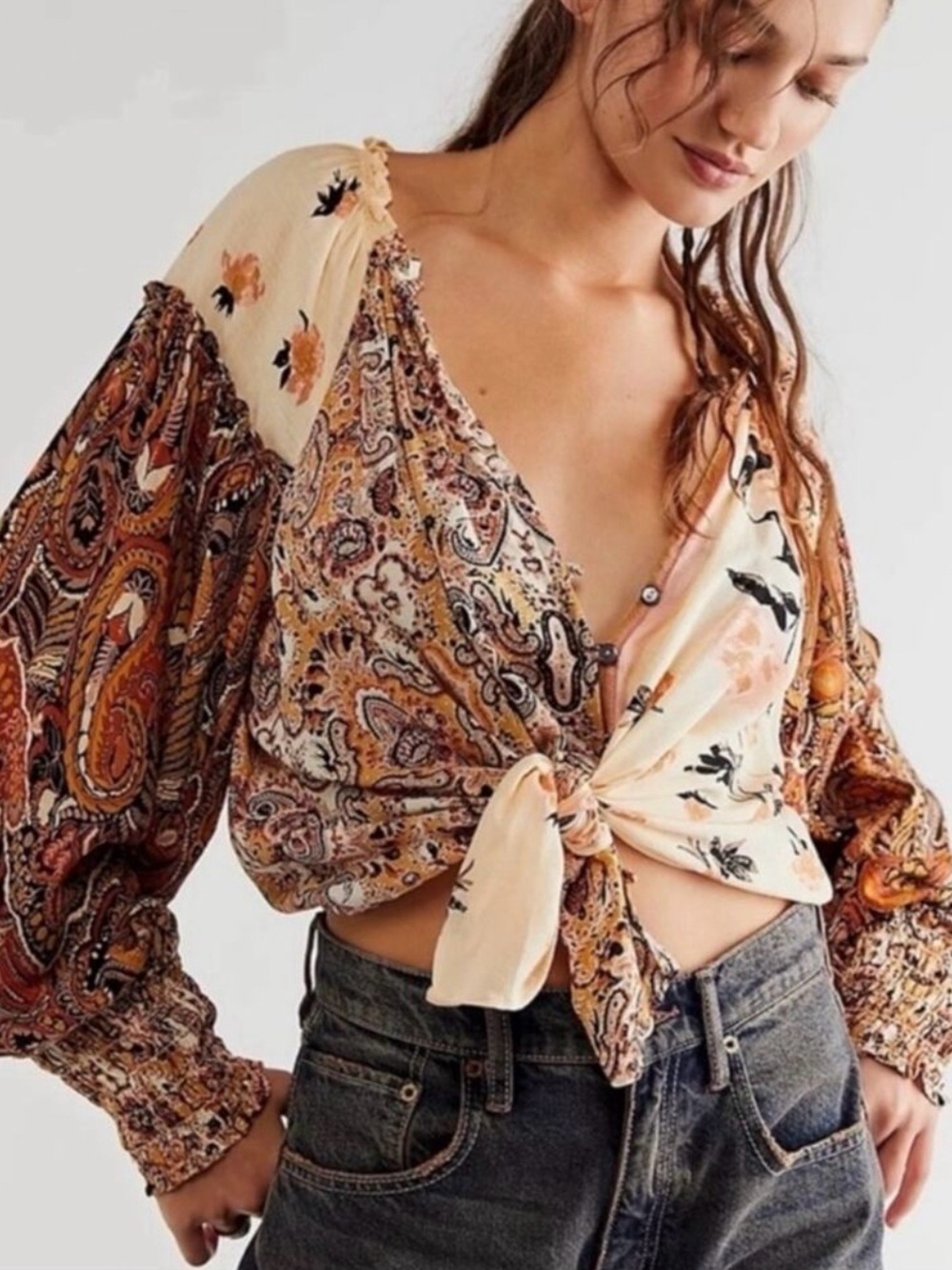 Free People Bohemian Patchwork Retro 70s Gemini Blouse in Sand Combo Medium